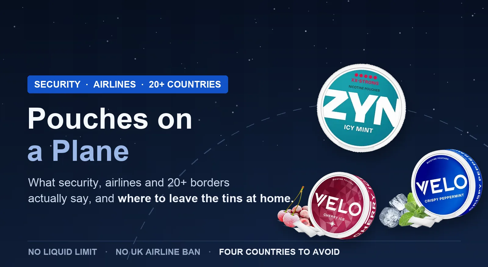 Pouches on a plane: ZYN and VELO nicotine pouch cans against a night sky with a dashed flight path