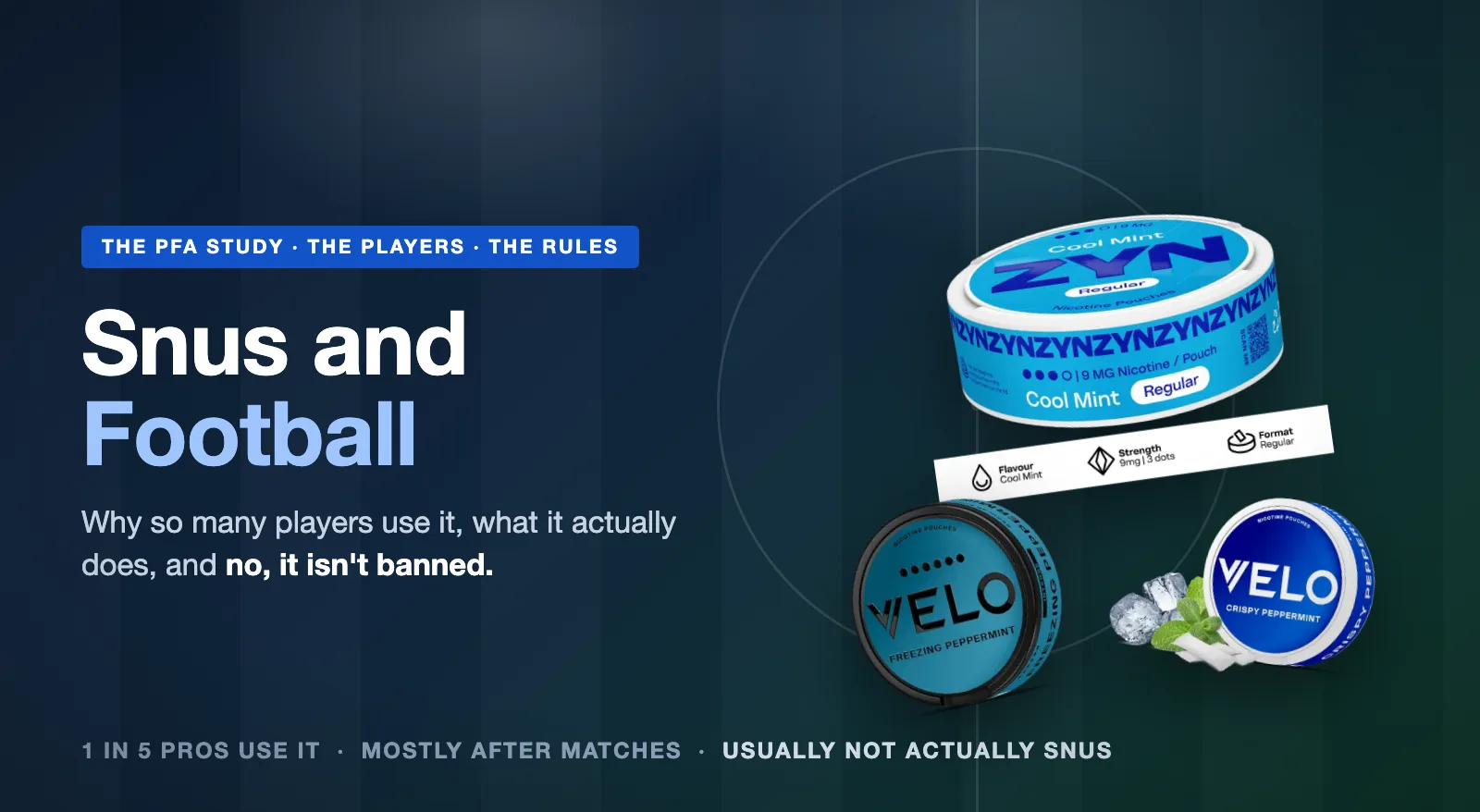 Snus and football: ZYN and VELO nicotine pouch cans on a floodlit football pitch backdrop with centre circle