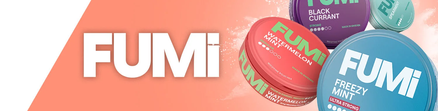Fumi nicotine pouches range banner with Watermelon Mint Regular, Blackcurrant Strong, Spearmint and Freezy Mint Ultra Strong cans on a coral background
