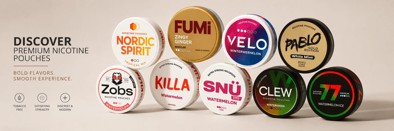 Premium nicotine pouches UK range — Nordic Spirit, FUMi, VELO, Pablo, Zobs, Killa, SNÜ, CLEW and 77 nicotine pouch cans