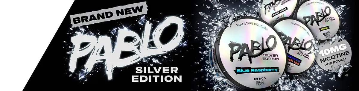 Brand new Pablo Silver Edition nicotine pouches launch poster — Pablo snus UK, 10mg per pouch