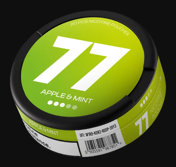 77 Apple and Mint nicotine pouches can, Medium 10.4mg, with three of six dots filled on the lid