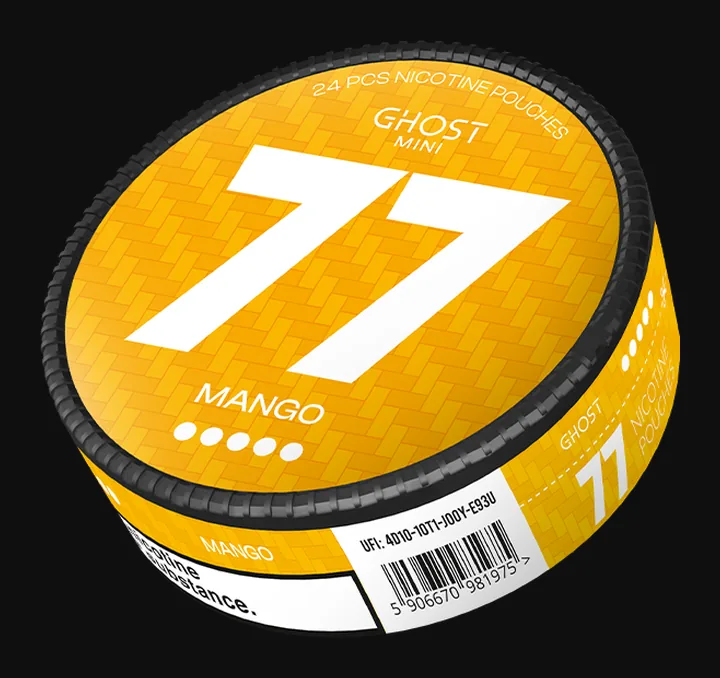 77 Ghost Mini Mango nicotine pouches can, 20mg, with five of six dots filled and 24 pcs printed on the lid