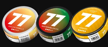 77 nicotine pouches official cans: Cola & Vanilla Light 5.2mg with two dots, Watermelon Ice Medium 10.4mg with three dots, and Ghost Mini Mango 20mg with five dots