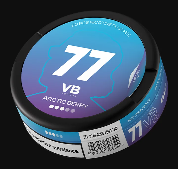 77 VB Edition Arctic Berry nicotine pouches can, 10.4mg, with the Valtteri Bottas silhouette and three of six dots on the lid