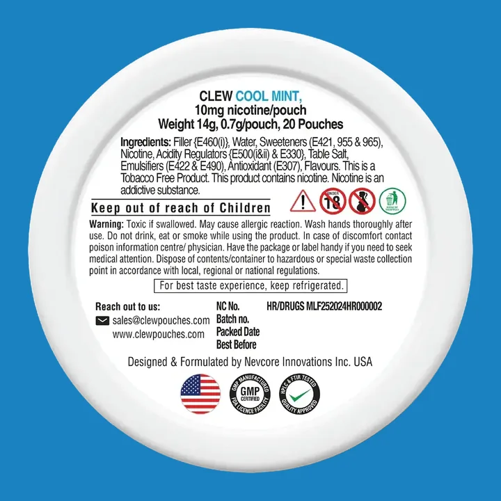 The back of a Clew nicotine pouches can showing 0.7g per pouch, 20 pouches, the ingredients list and Designed and Formulated by Nevcore Innovations Inc. USA