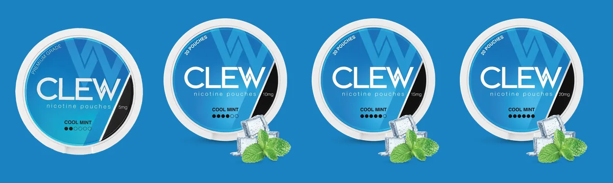 The four Clew Cool Mint cans side by side: 5mg with two dots, 10mg with four, 15mg with five and 20mg with six