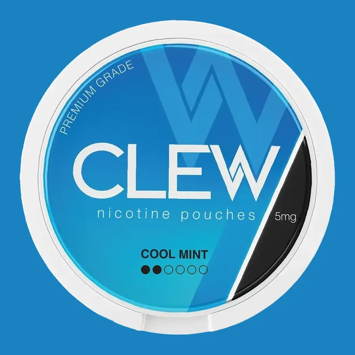 Clew Cool Mint 5mg nicotine pouches can with the 5mg figure and two of six dots printed on the lid