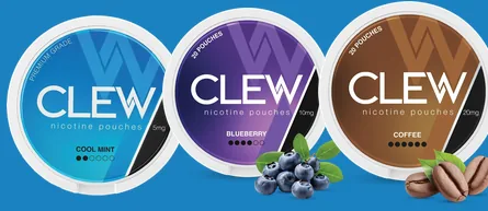 Clew nicotine pouches official cans: Cool Mint 5mg with two of six dots, Blueberry 10mg with four dots and Coffee 20mg with all six dots filled