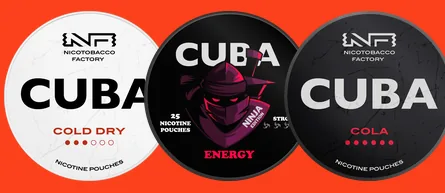 Cuba nicotine pouches official cans: White Cold Dry with three of six dots, Ninja Edition Energy marked Strong with four shuriken and 25 pouches, and Black Cola with six of six dots