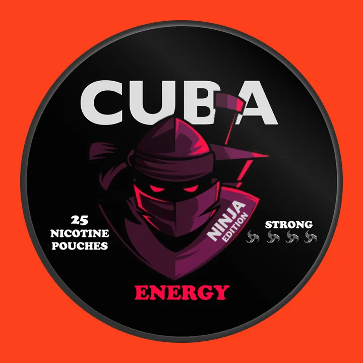 Cuba Ninja Edition Energy nicotine pouches can, 30mg/g, marked Strong with four shuriken and 25 nicotine pouches on the lid