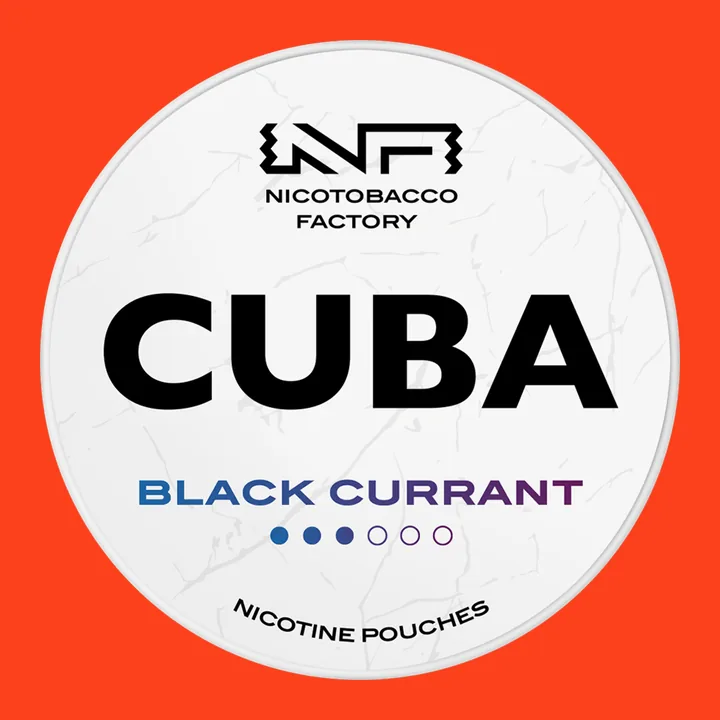 Cuba White Black Currant nicotine pouches can, 16mg/g, with three of six dots filled on the lid and no milligram figure