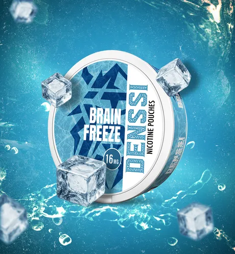Denssi Brain Freeze nicotine pouches official poster showing the round 16 MG strength badge on the can, surrounded by ice cubes