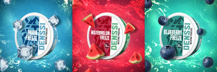 Denssi nicotine pouches official award artwork: Brain Freeze, Blueberry Freeze, Strawberry Freeze, Watermelon Freeze, Mango Freeze, Spearmint and Cold Mint 16mg cans around the InterTabac 2025 Best Pouch Product of the Year laurel