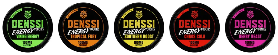 The five Denssi Energy caffeine pouch cans: Viking Energy, Tropical Fury, Southern Boost, Chaos Cola and Berry Beast, each printed 100MG caffeine