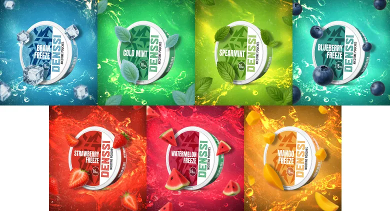 All seven Denssi nicotine pouch flavours in official posters: Brain Freeze, Cold Mint, Spearmint, Blueberry Freeze, Strawberry Freeze, Watermelon Freeze and Mango Freeze