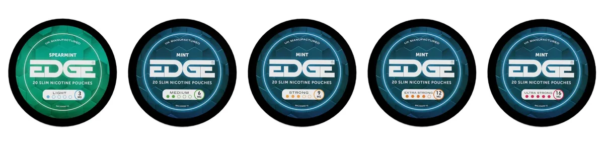 Five official Edge nicotine pouch lids showing the tingle scale: Spearmint Light 3mg with one dot, then Mint Medium 6mg, Strong 9mg, Extra Strong 12mg and Ultra Strong 16mg with two to five dots