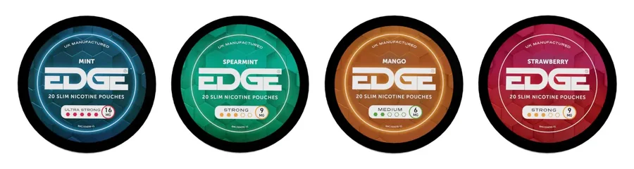 Official Edge nicotine pouch cans marked UK Manufactured: Mint Ultra Strong, Spearmint and Mango above Strawberry and Watermelon
