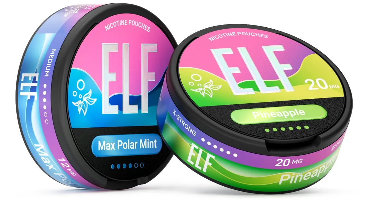 Two official ELF cans showing the side wall: Max Polar Mint printed MEDIUM with four of six dots and 12MG, and Pineapple printed X-STRONG with all six dots and 20MG