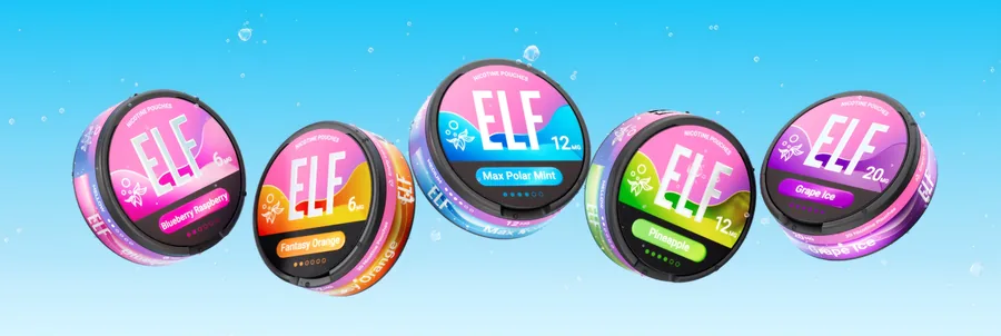ELF nicotine pouches official artwork: Fantasy Orange 6mg with two dots, Pineapple 12mg with four dots and Max Polar Mint 20mg with six dots, floating on a pale green bubble background