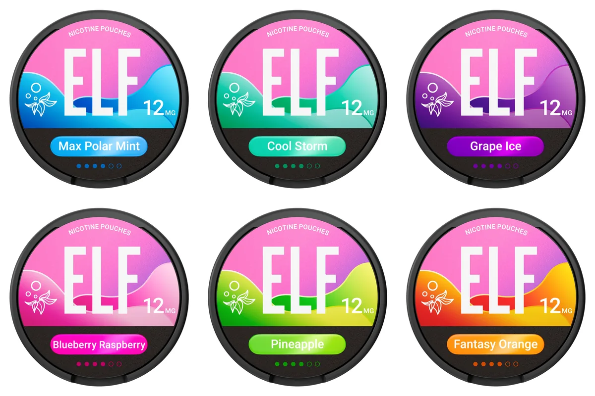 The six ELF nicotine pouch flavours as official 12mg lids: Max Polar Mint, Cool Storm, Grape Ice, Blueberry Raspberry, Pineapple and Fantasy Orange, each with four of six dots