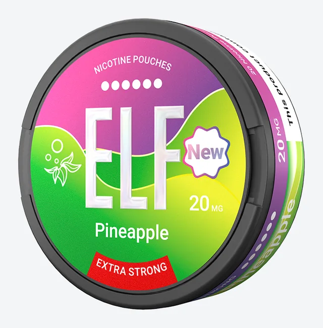 The 2026 ELF Pineapple 20mg can with a New badge, six dots across the top of the lid and a red EXTRA STRONG band