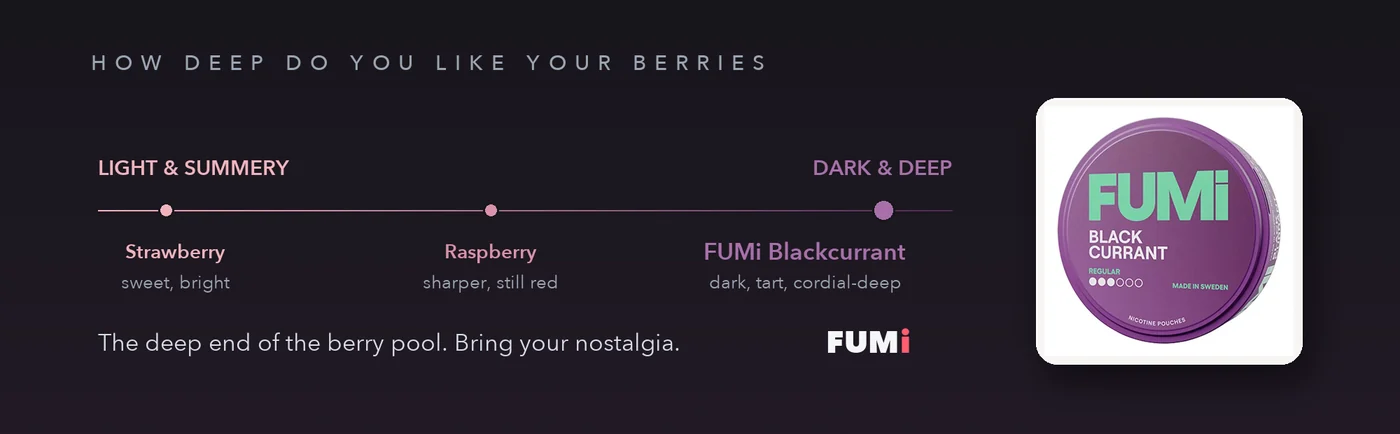 Berry depth scale placing Fumi Blackcurrant at the dark deep end beyond strawberry and raspberry pouches