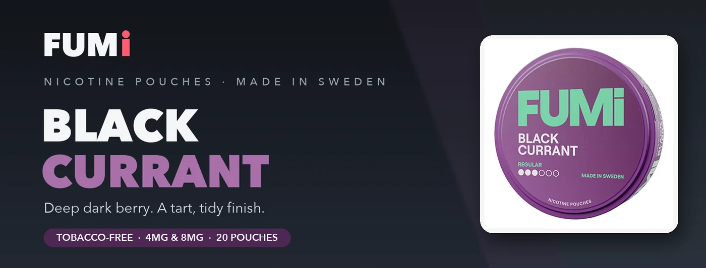 Fumi Blackcurrant nicotine pouches banner with the purple slim can, deep dark berry and a tart finish