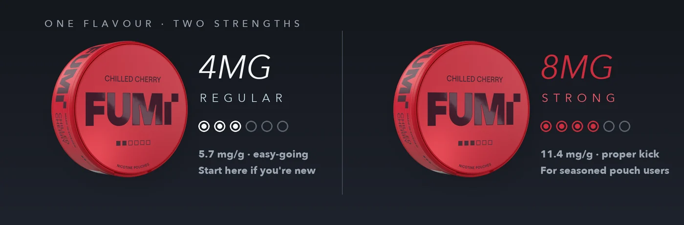 Fumi Chilled Cherry 4mg regular and 8mg strong cans compared with nicotine strength dots