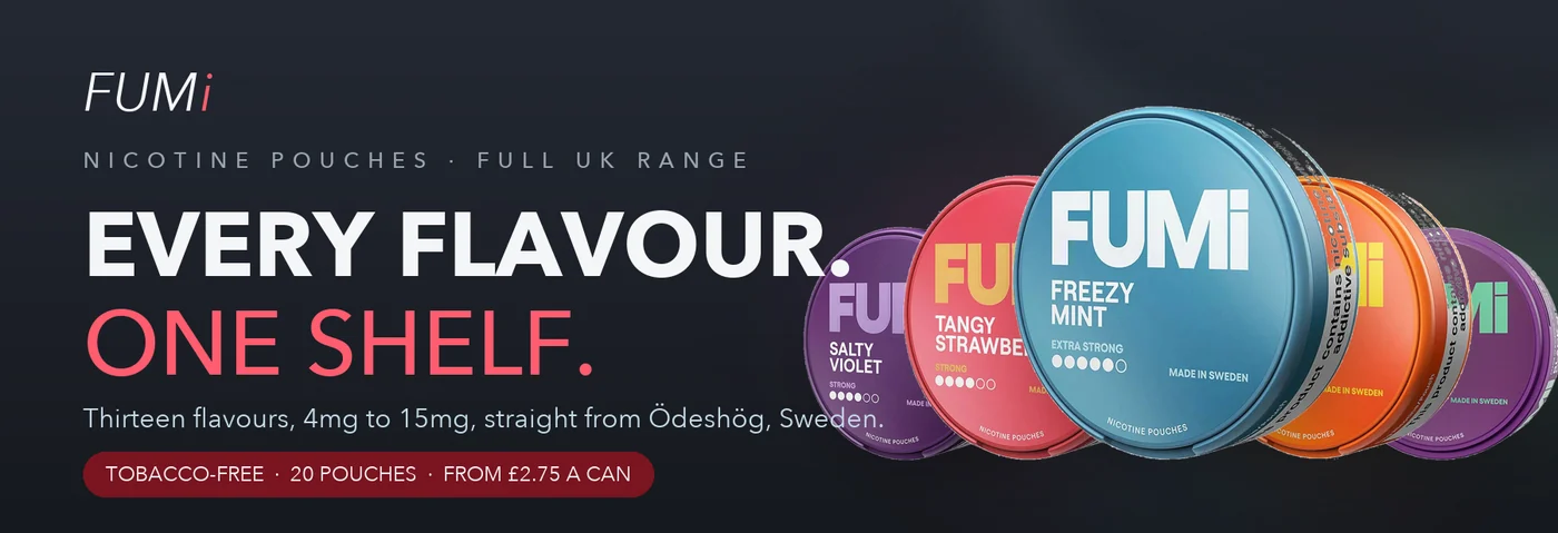 Fumi nicotine pouches UK range banner showing the full flavour line-up of Swedish-made tobacco-free snus cans