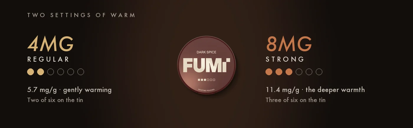 Fumi Dark Spice 4mg regular and 8mg strong compared side by side with nicotine strength dots