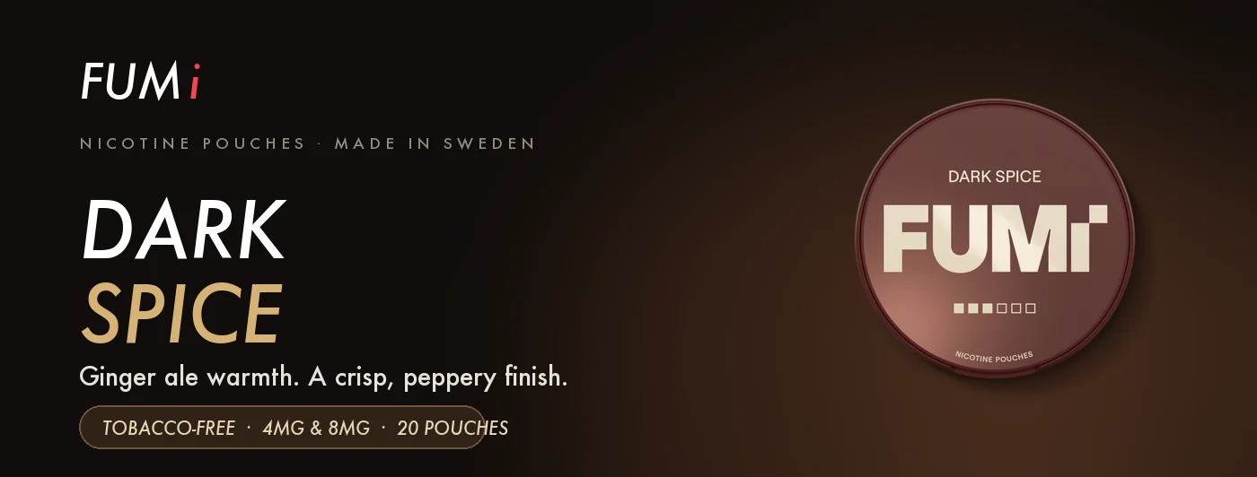 Fumi Dark Spice nicotine pouches banner with the gold can rising through amber ginger ale bubbles