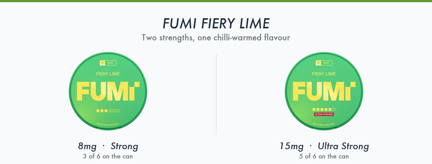 Fumi Fiery Lime 8mg Strong and 15mg Ultra Strong cans compared, showing the strength squares printed on each tin