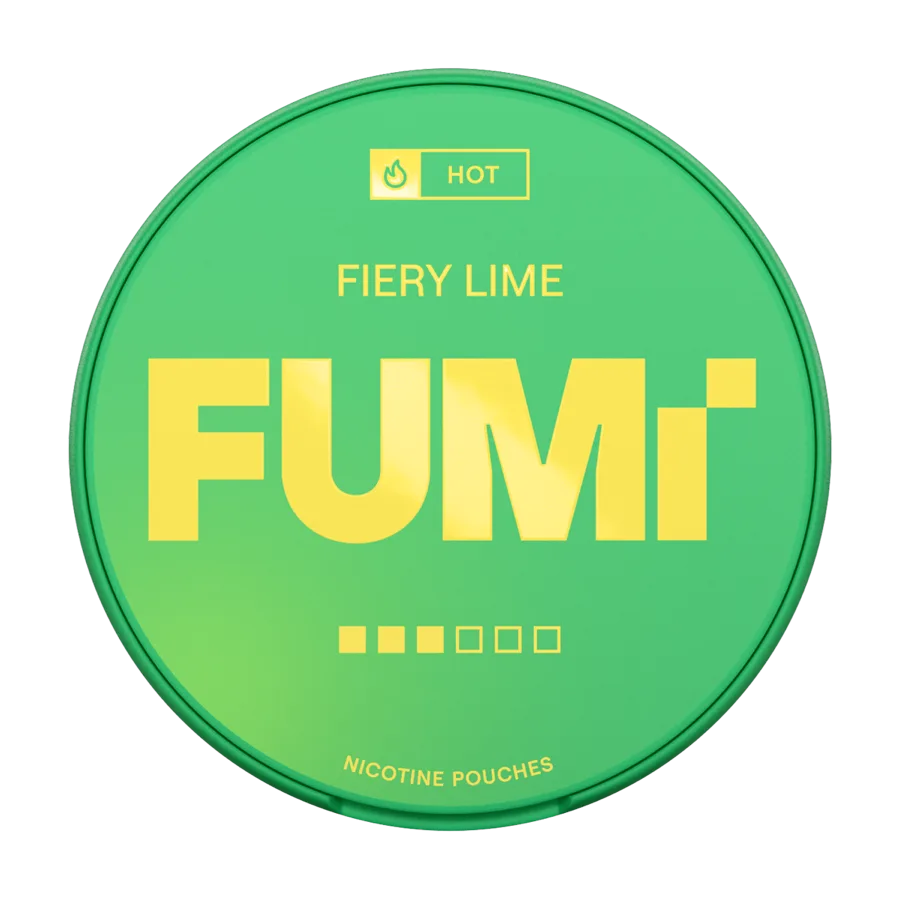Fumi Fiery Lime 8mg Strong nicotine pouches can, green tin with the HOT flame mark