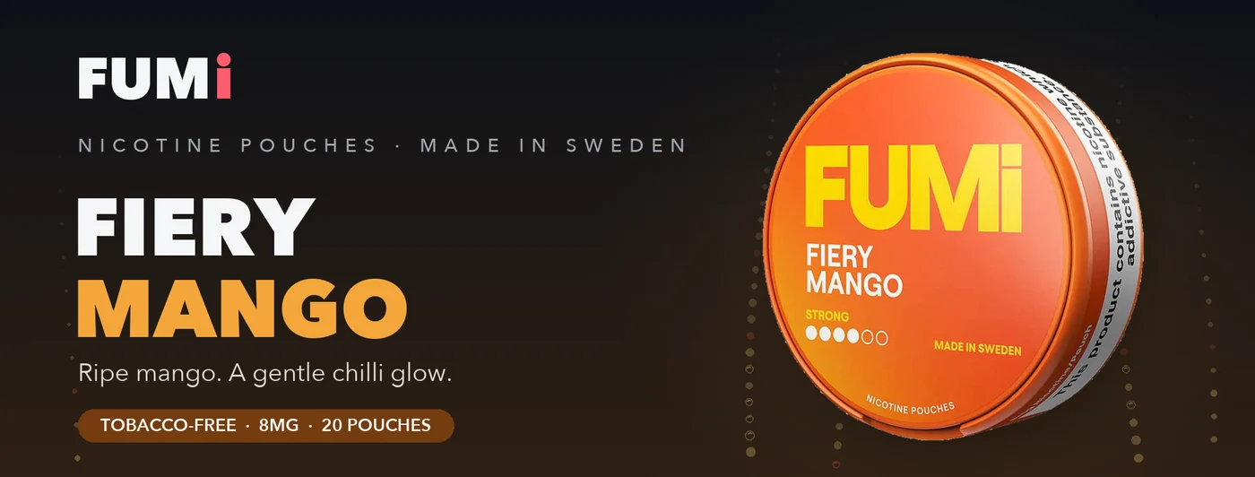Fumi Fiery Mango nicotine pouches banner with the orange can in warm mango light