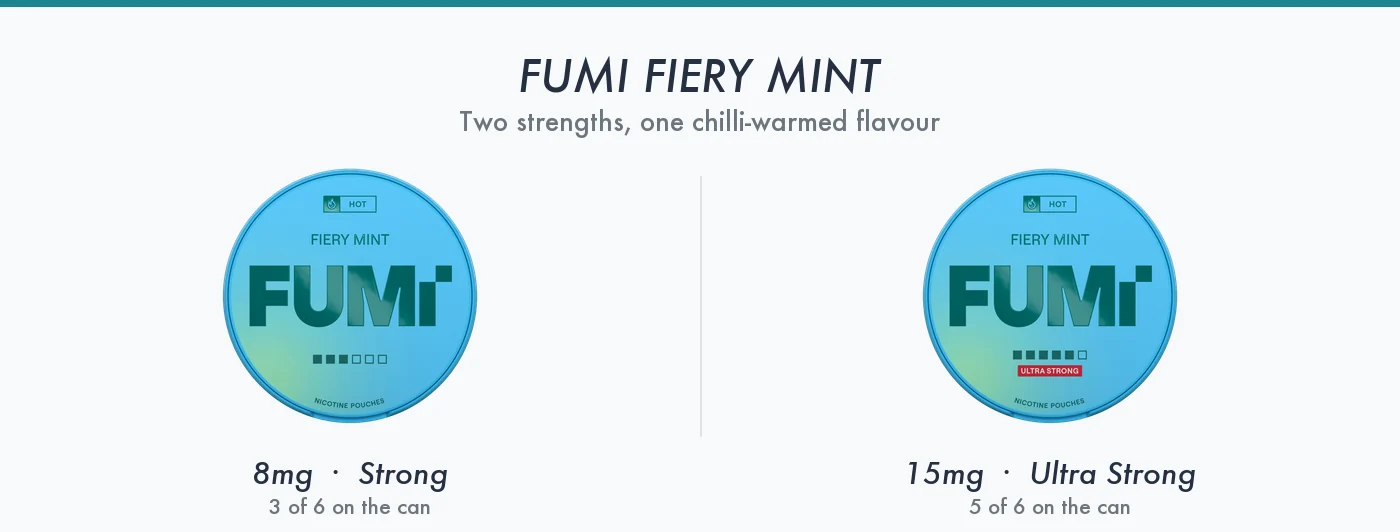 Fumi Fiery Mint 8mg Strong and 15mg Ultra Strong cans compared, showing the strength squares printed on each tin