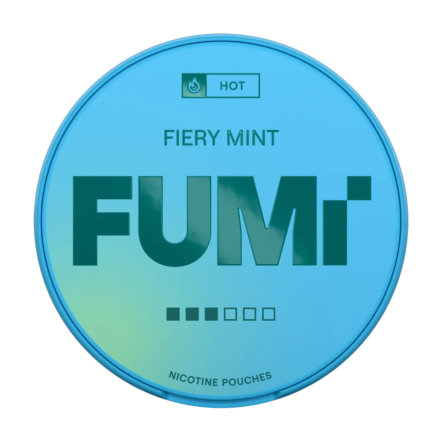 Fumi Fiery Mint 8mg Strong nicotine pouches can, blue tin with the HOT flame mark