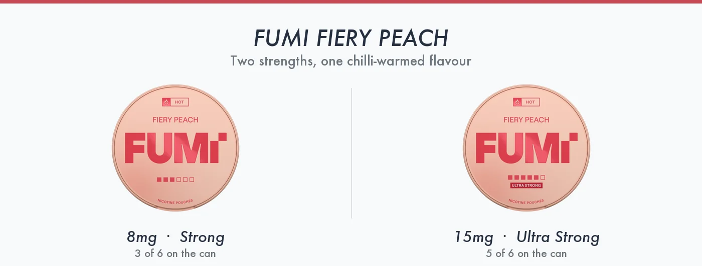 Fumi Fiery Peach 8mg Strong and 15mg Ultra Strong cans compared, showing the strength squares printed on each tin