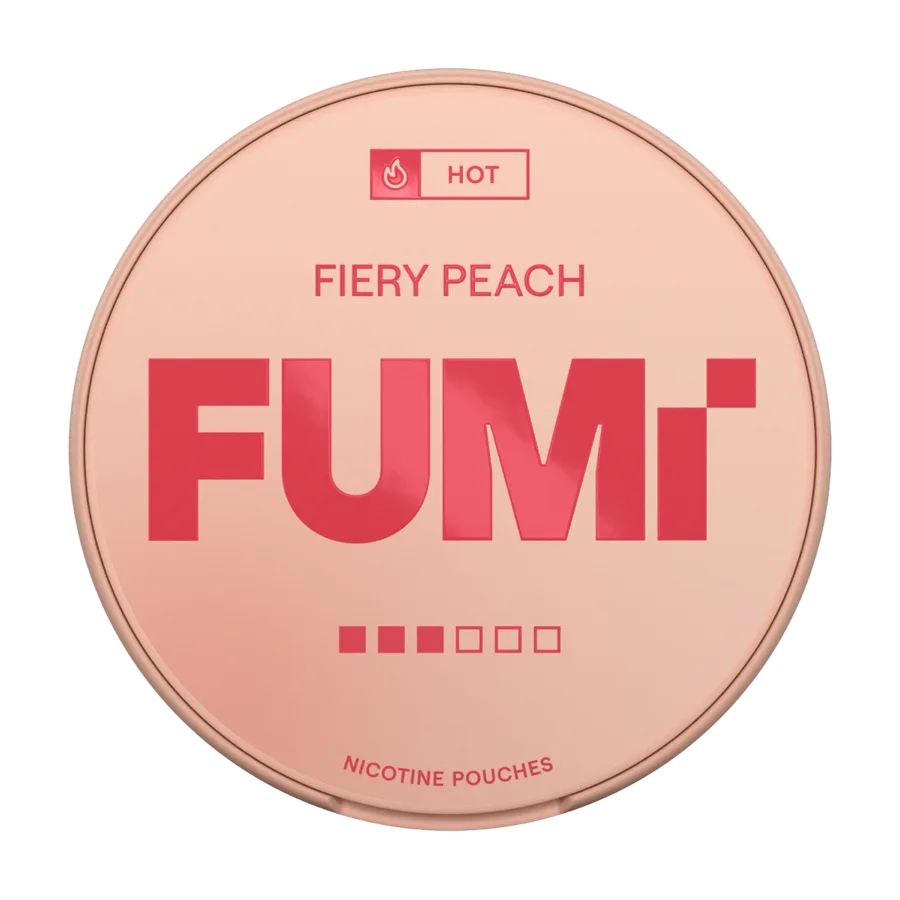 Fumi Fiery Peach 8mg Strong nicotine pouches can, blush pink tin with the HOT flame mark