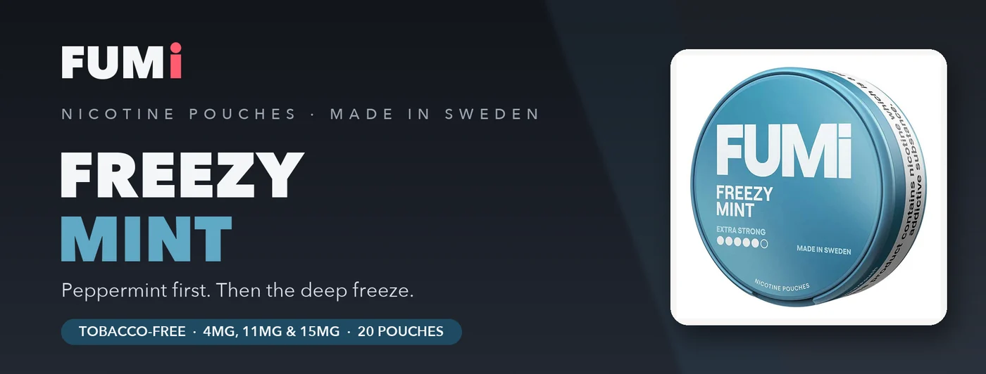 Fumi Freezy Mint nicotine pouches banner with the steel-blue slim can, icy peppermint and a deep freeze finish