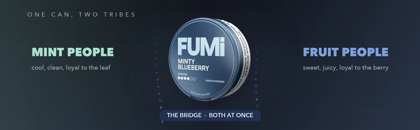 Fumi Minty Blueberry bridge banner showing the can between the mint camp and the fruit camp