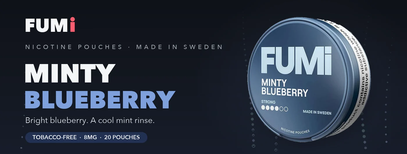 Fumi Minty Blueberry nicotine pouches banner with the indigo can in cool berry light