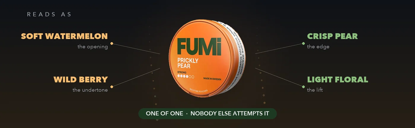 Fumi Prickly Pear flavour map linking the can to watermelon, crisp pear and wild berry notes