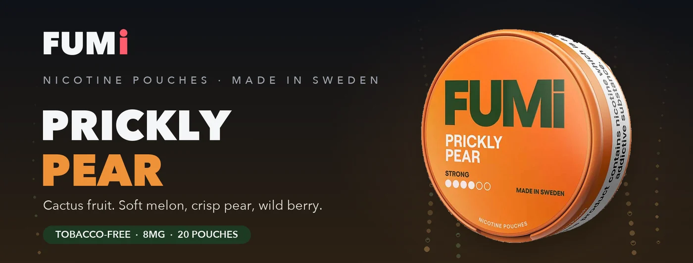 Fumi Prickly Pear nicotine pouches banner with the orange can in warm cactus-bloom light