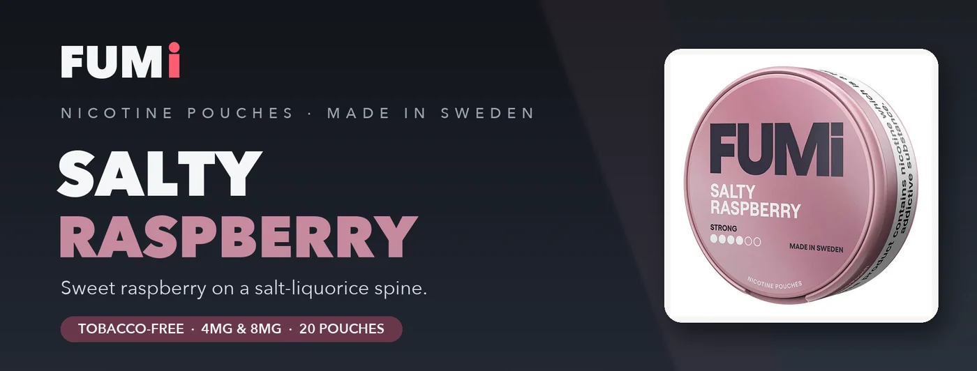 Fumi Salty Raspberry nicotine pouches banner with the dusty pink slim can, sweet raspberry and salty liquorice