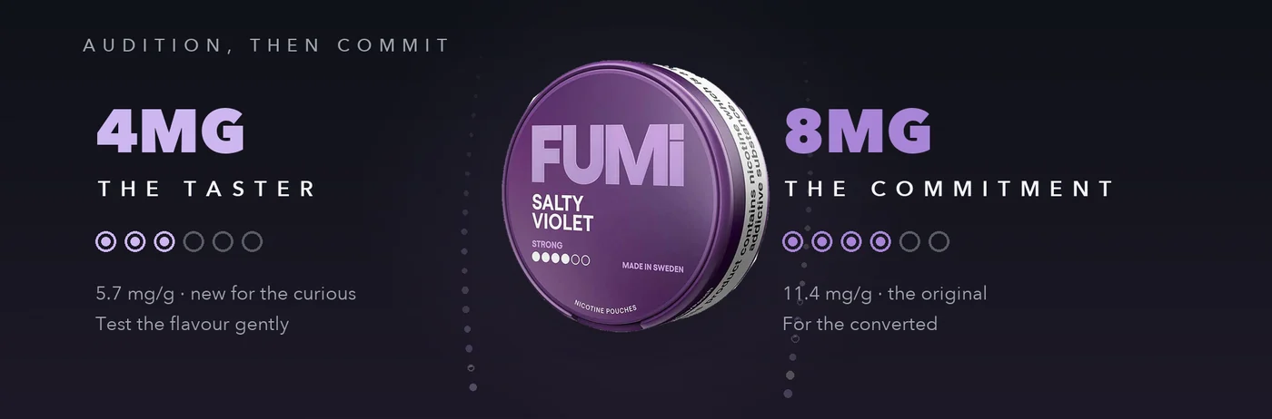Fumi Salty Violet 4mg taster and 8mg strong options compared with strength dots