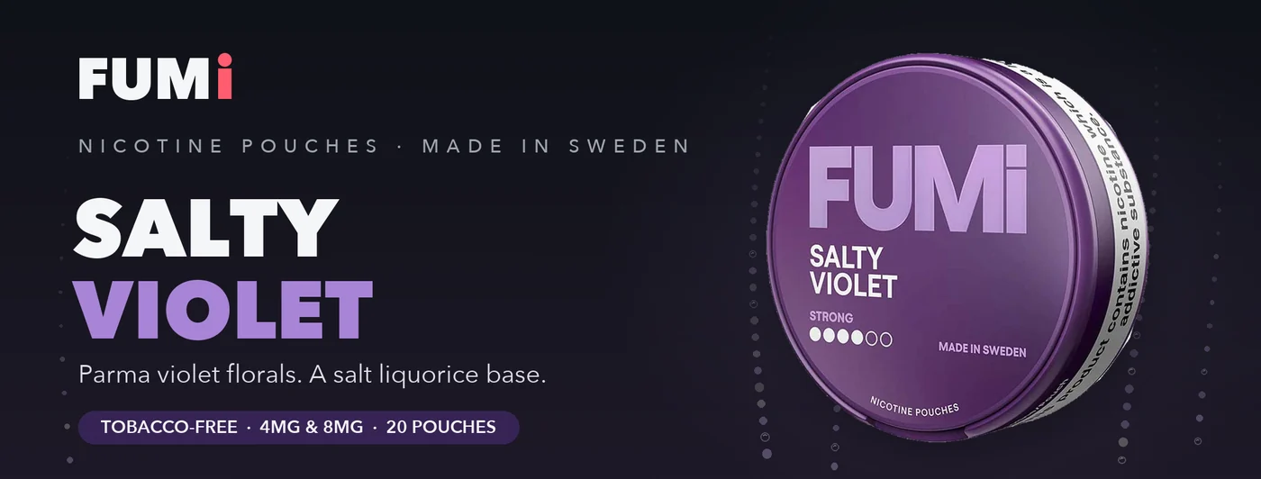 Fumi Salty Violet nicotine pouches banner with the purple can in violet light