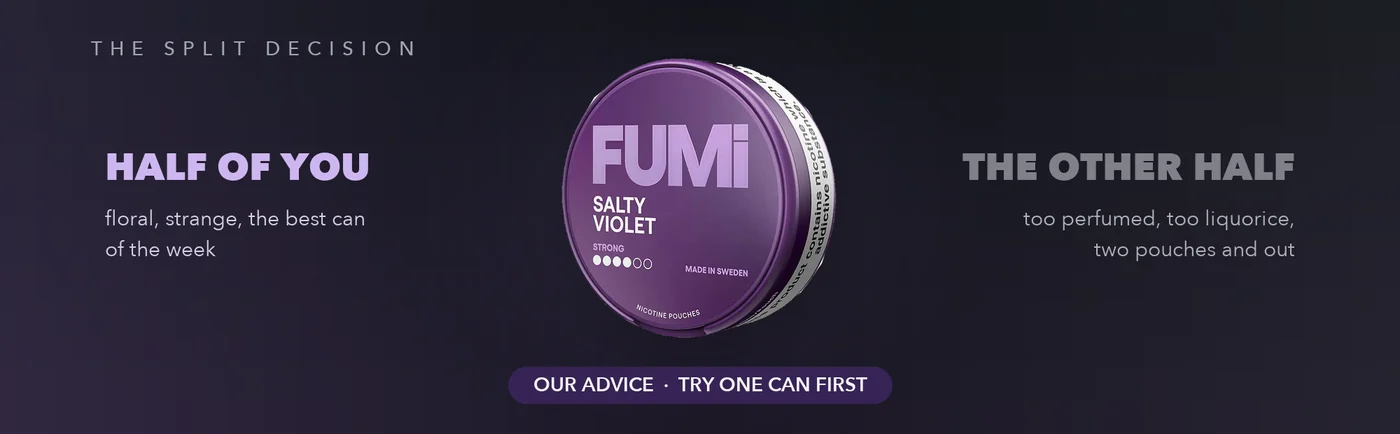 Fumi Salty Violet split decision graphic showing the flavour's love-it and leave-it verdicts