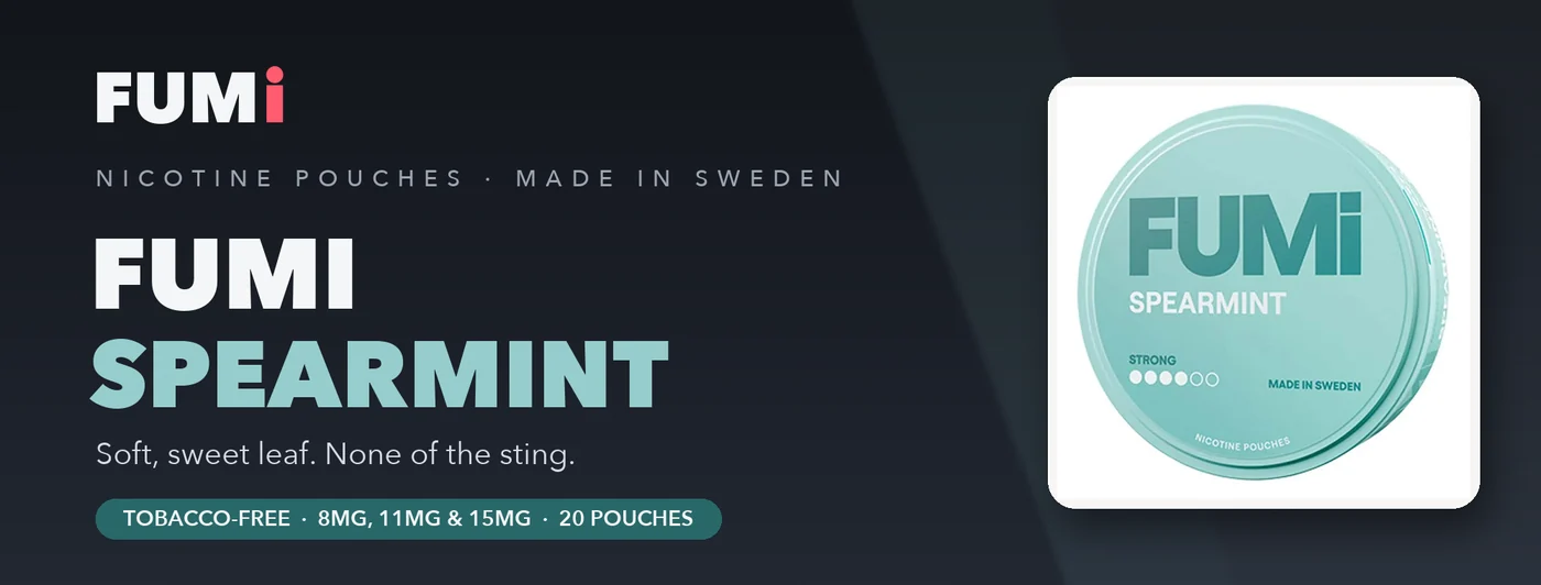 Fumi Spearmint nicotine pouches banner with the seafoam slim can, soft sweet spearmint without the sting