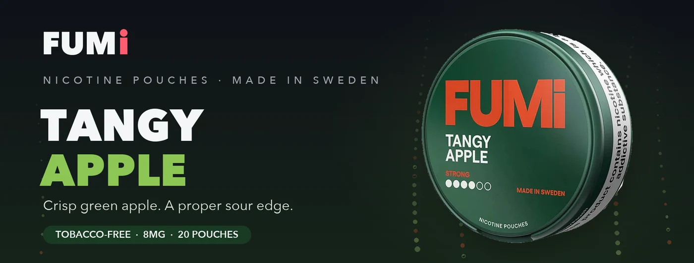 Fumi Tangy Apple nicotine pouches banner with the green can in crisp orchard light